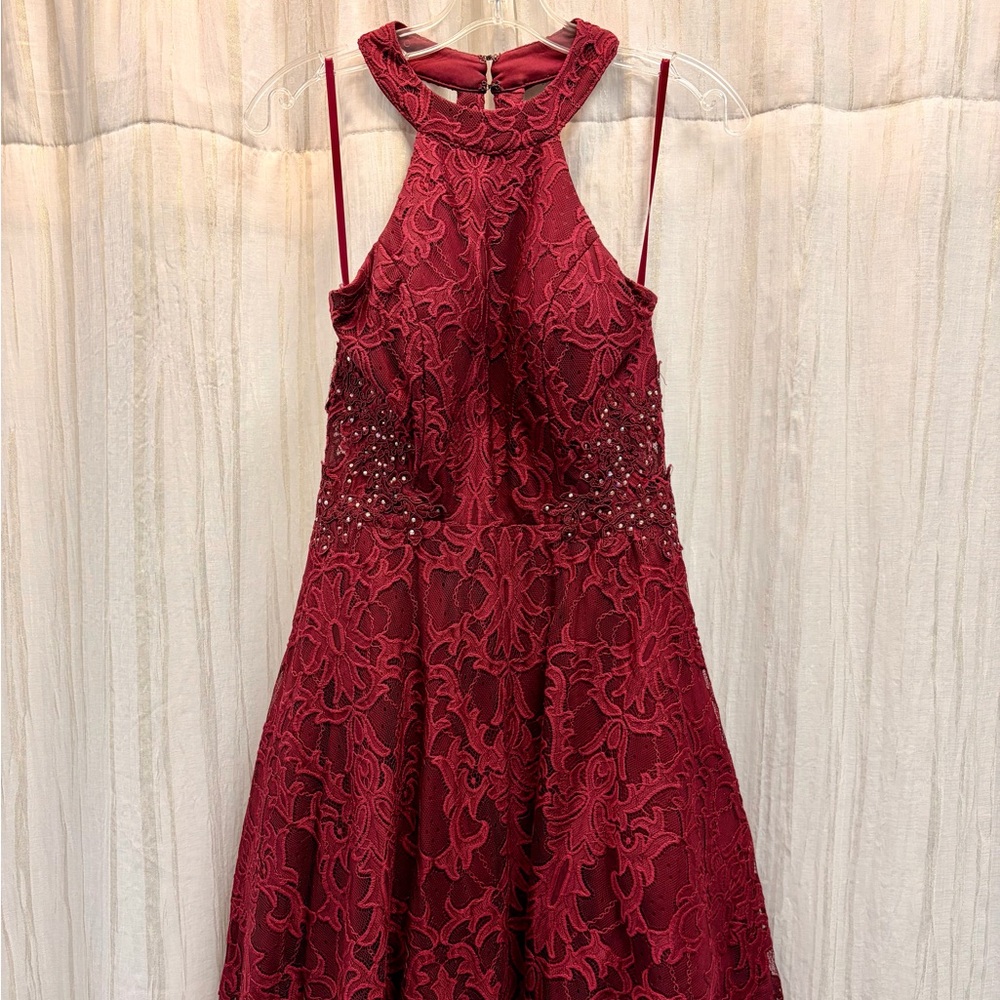 Jodi Kristopher Red Lace Halter Dress